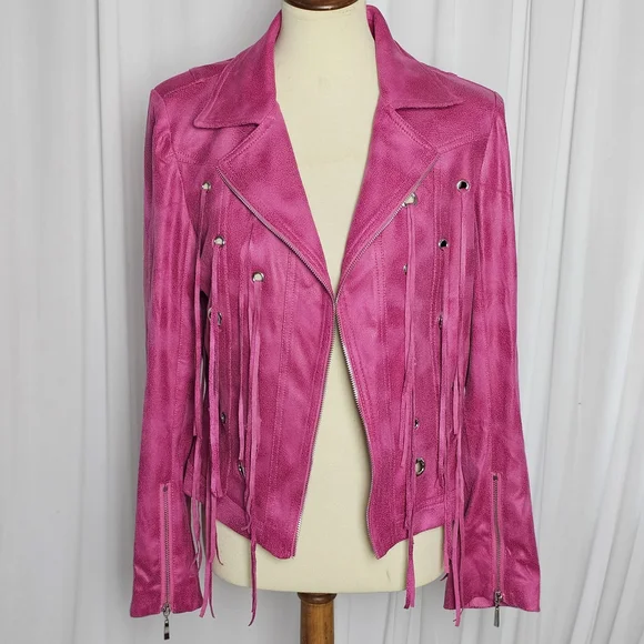 Lena Gabrielle Pink Fringe Moto Jacket – Size 12 - Picture 2 of 13